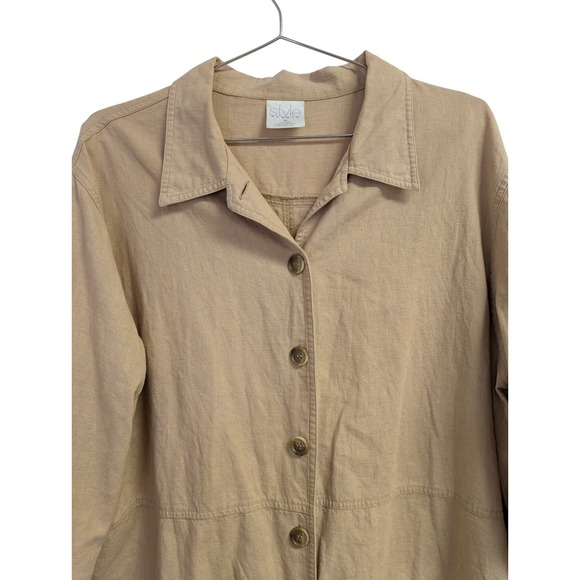Style Studio Button Front Shirt Linen Cotton Blend Minimalist Lagenlook Tan 1X - Picture 3 of 8